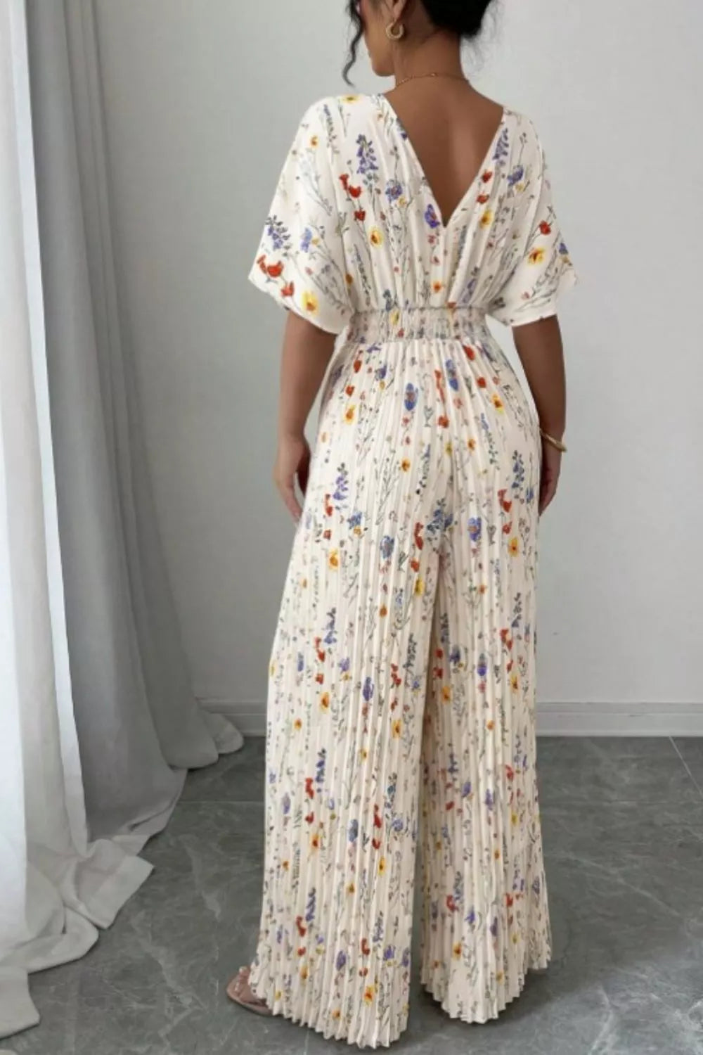 Floral Print Pleated Wide Leg Jumpsuit