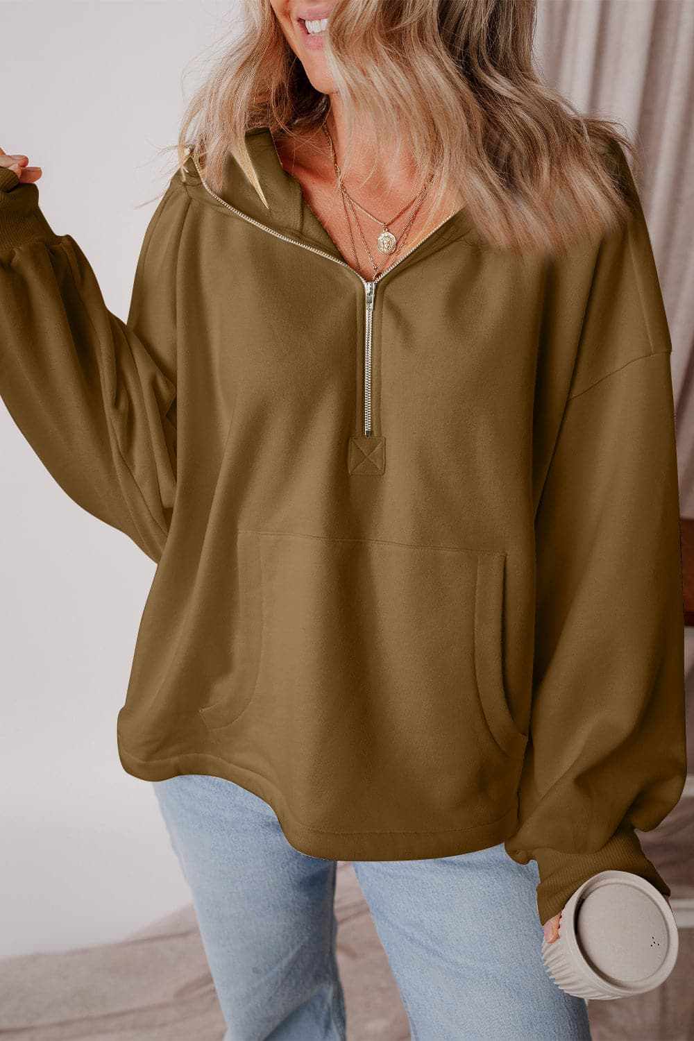 Jackets Trendsi Casual half zip hoodie with pockets
