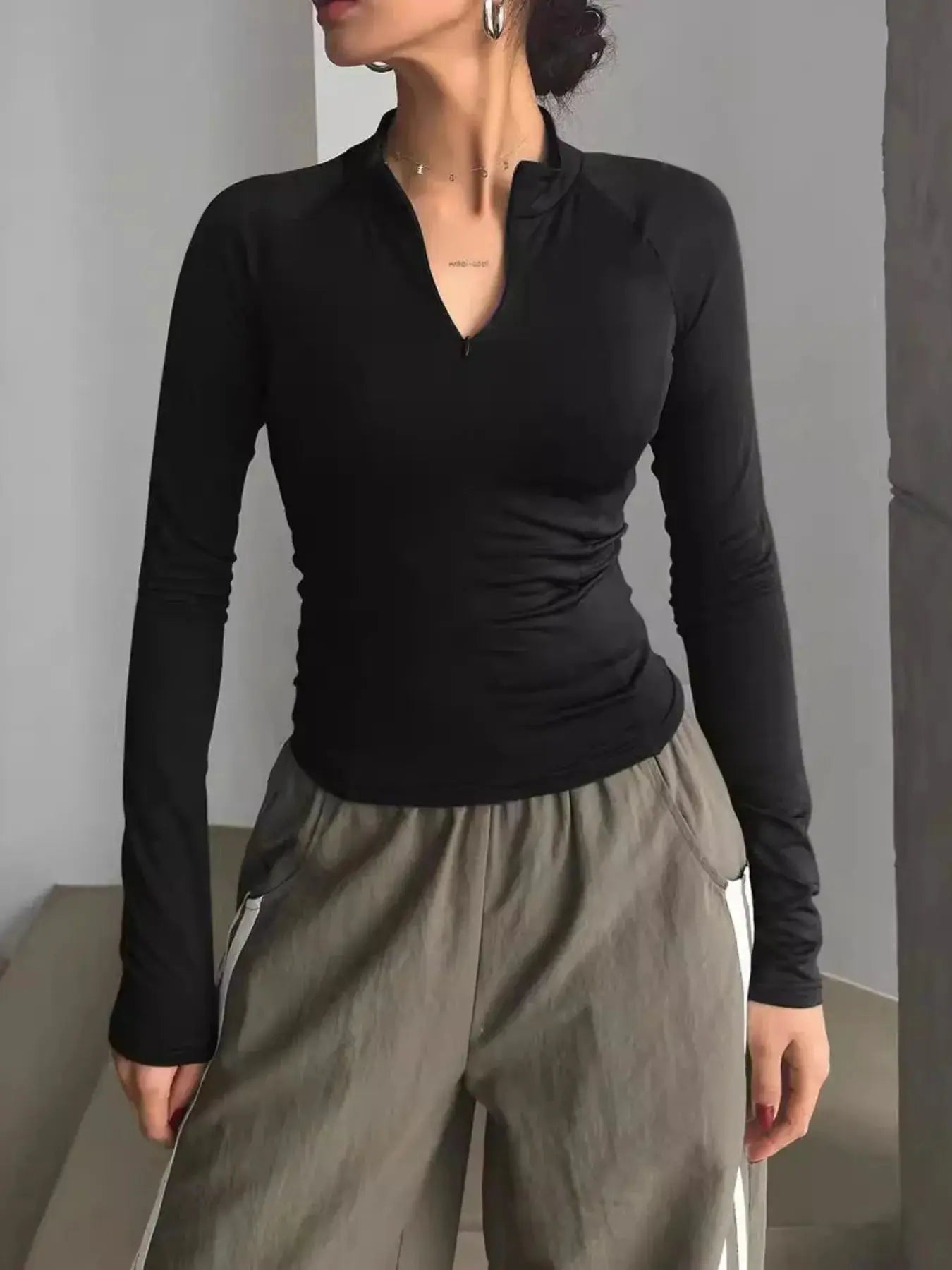 Zip Front Long Sleeve Fitted T Shirt