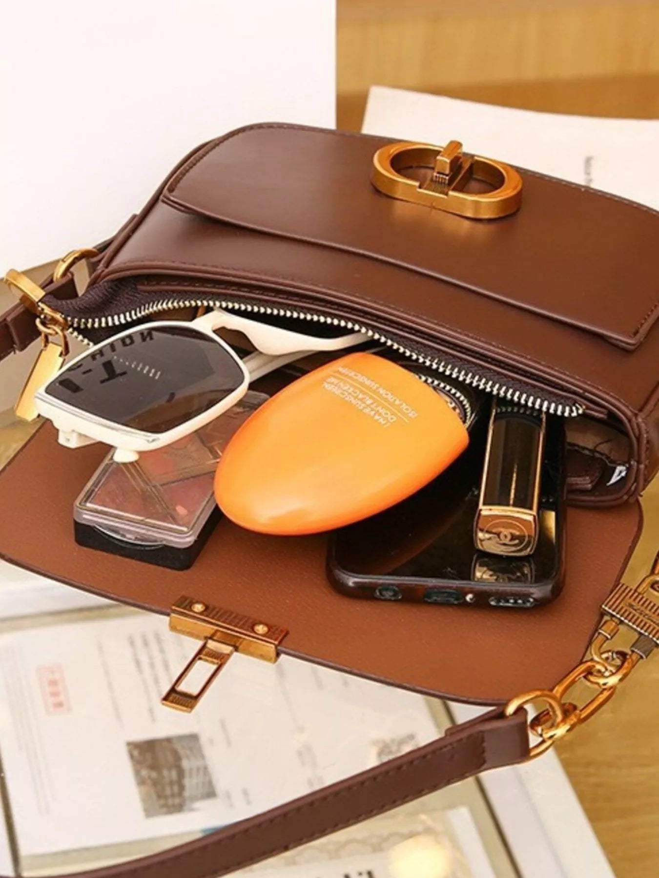 Classic Gold Lock Leather Flap Shoulder Bag