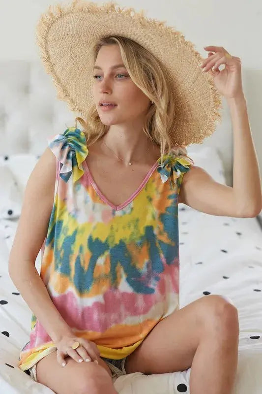 Trendsi Tie Dye Ruffle Knit Tank Top - V-Neck