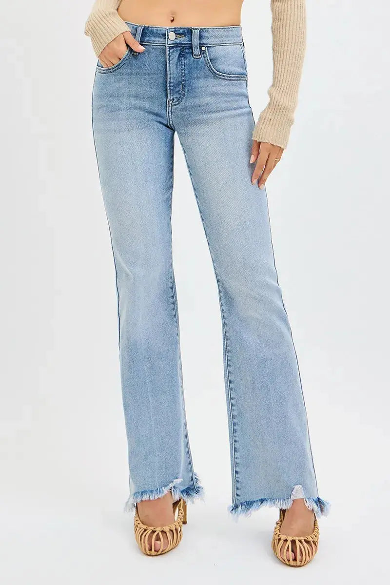 RISEN Jeans - Plus Size Tummy Control Mid Rise Flare Jeans with Fray Hem