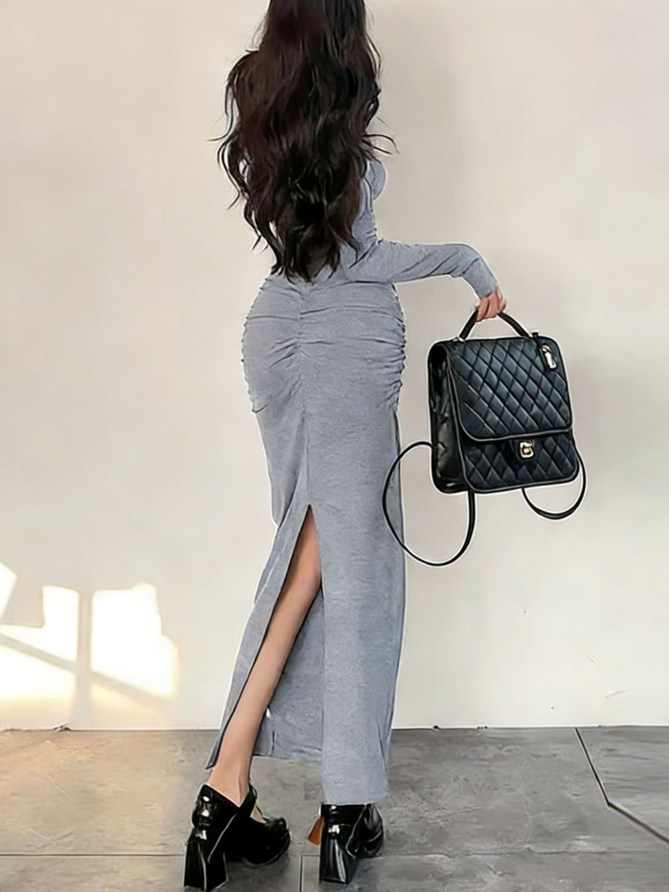 Ruched Slit Long Sleeve Bodycon Maxi Dress