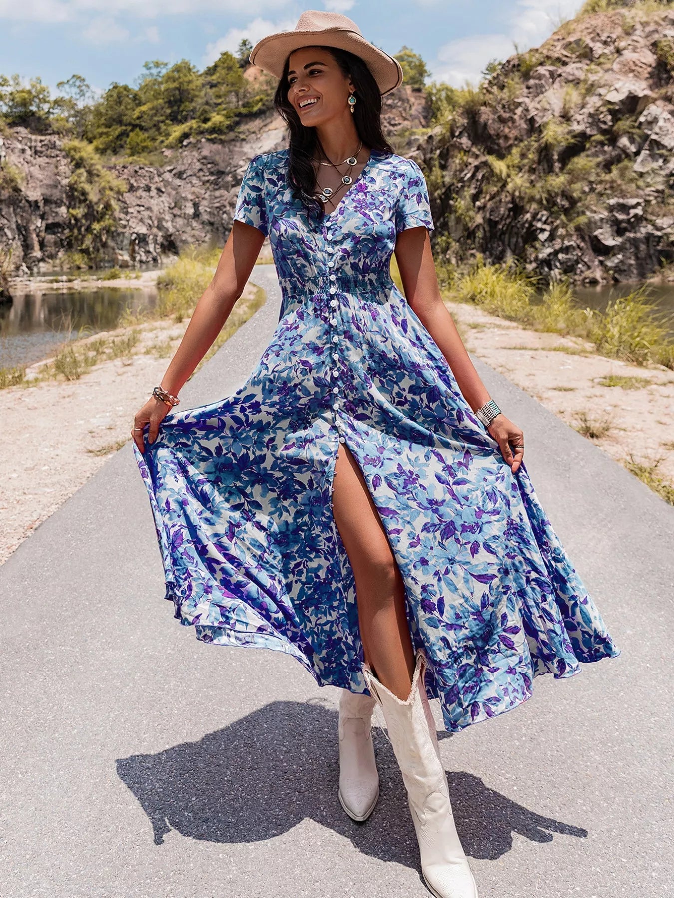 Floral Print Slit Front V Neck Midi Dress