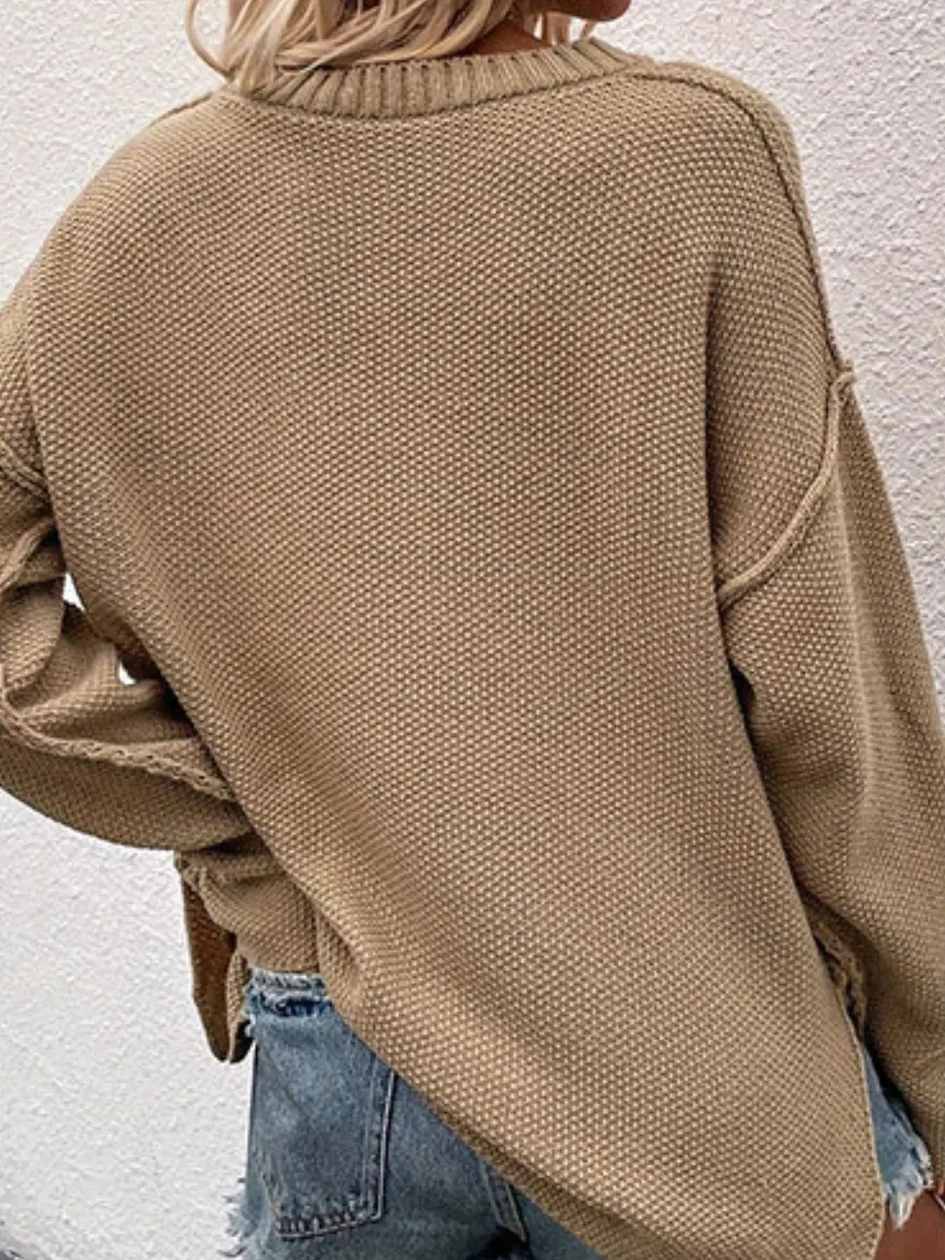 Waffle-Knit Button Detail Long Sleeve Knit Top
