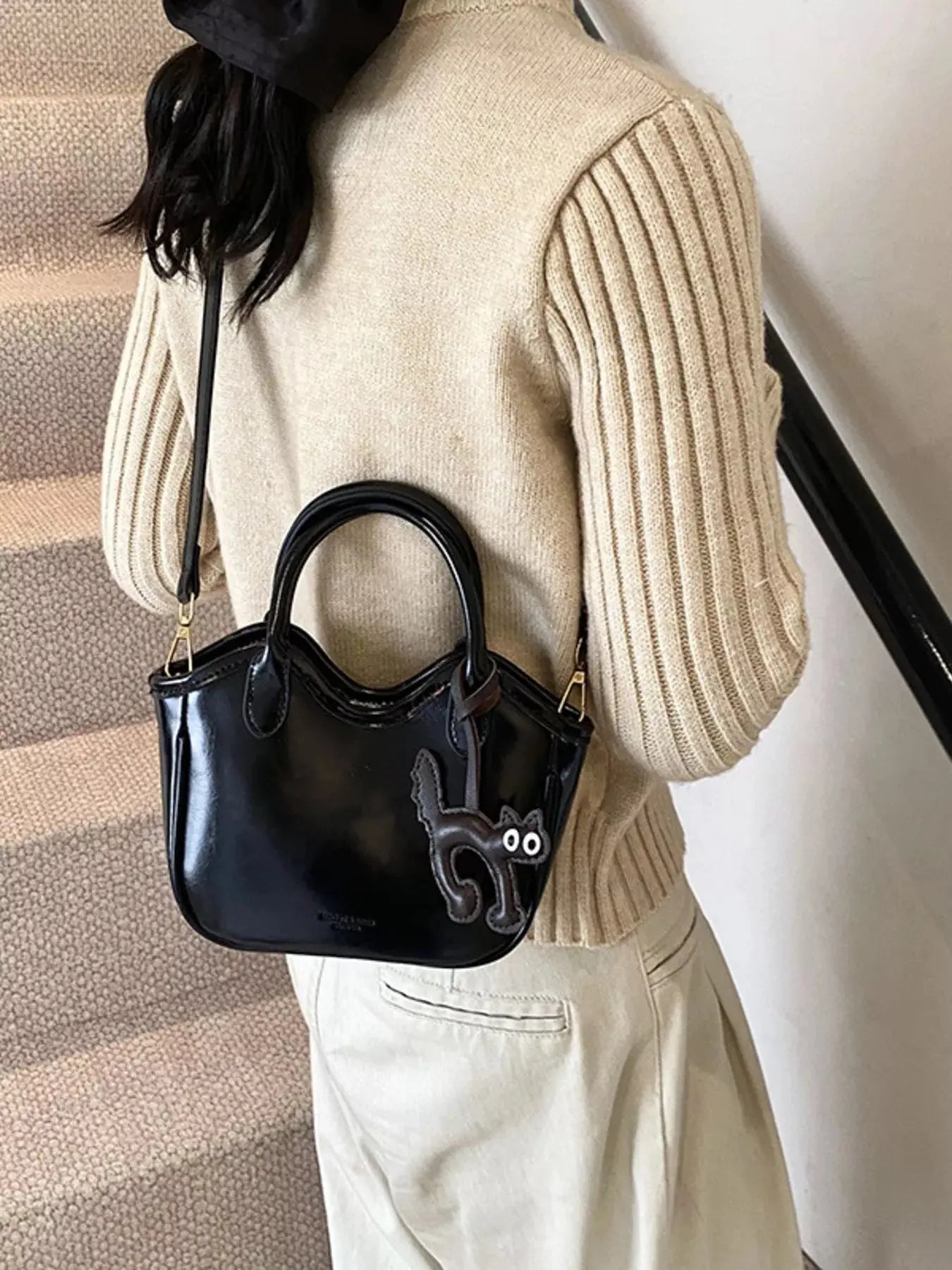 Cat Charm PU Leather Crossbody Bag