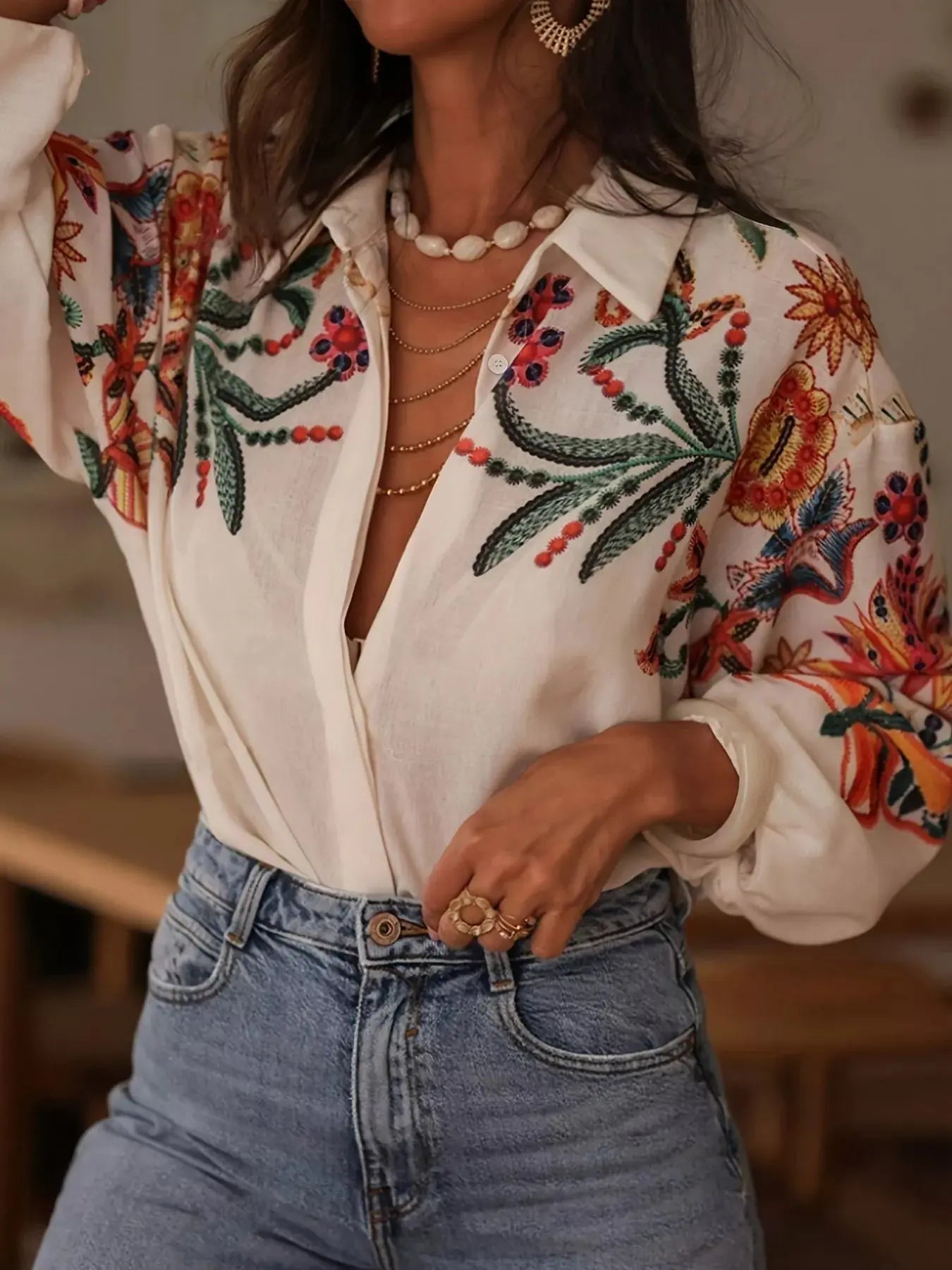 Embroidered Floral Button Up Long Sleeve Shirt