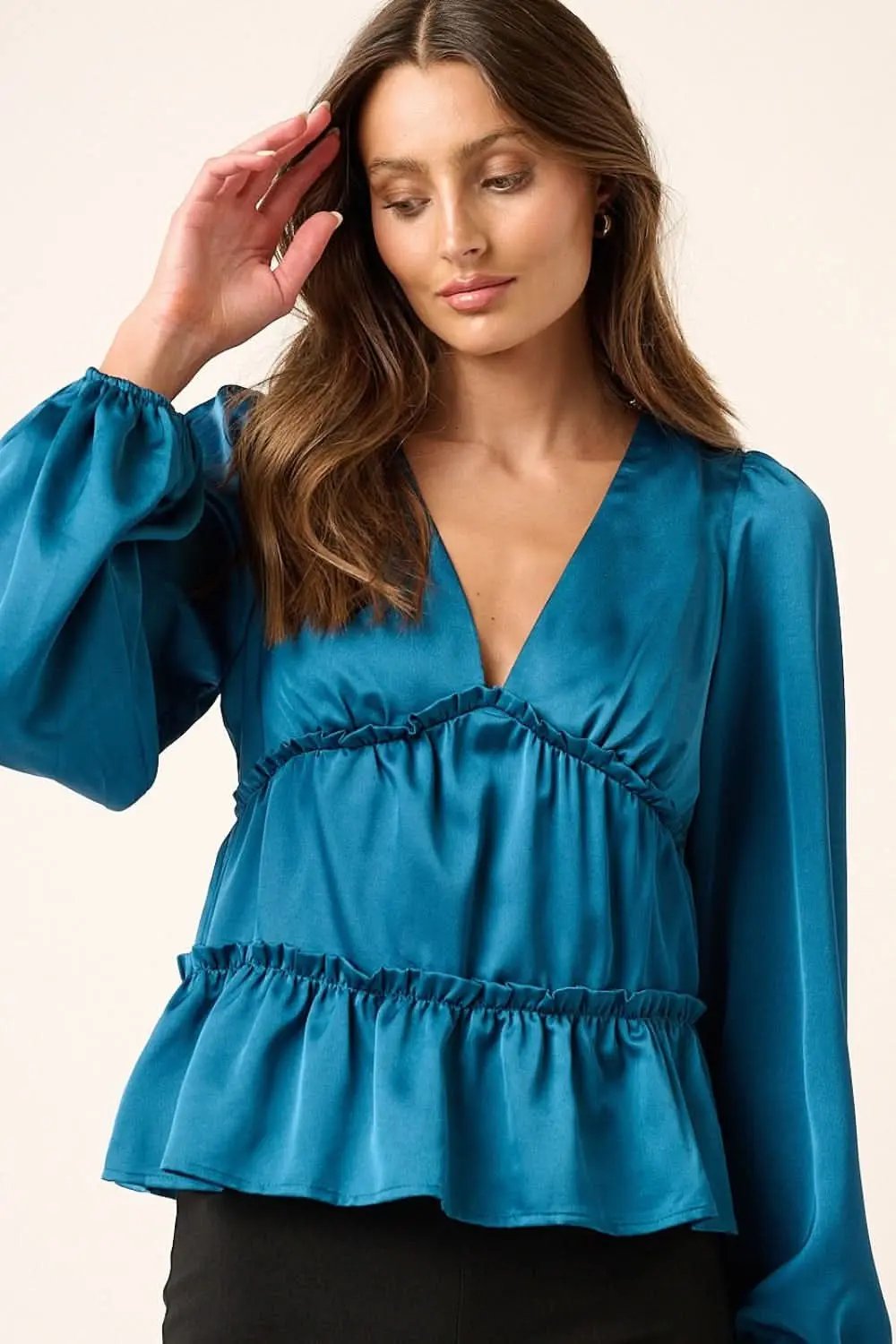 Women's Blouse Satin Blouse - V-Neck Ruffled Tier - Elegant Office & Date Top