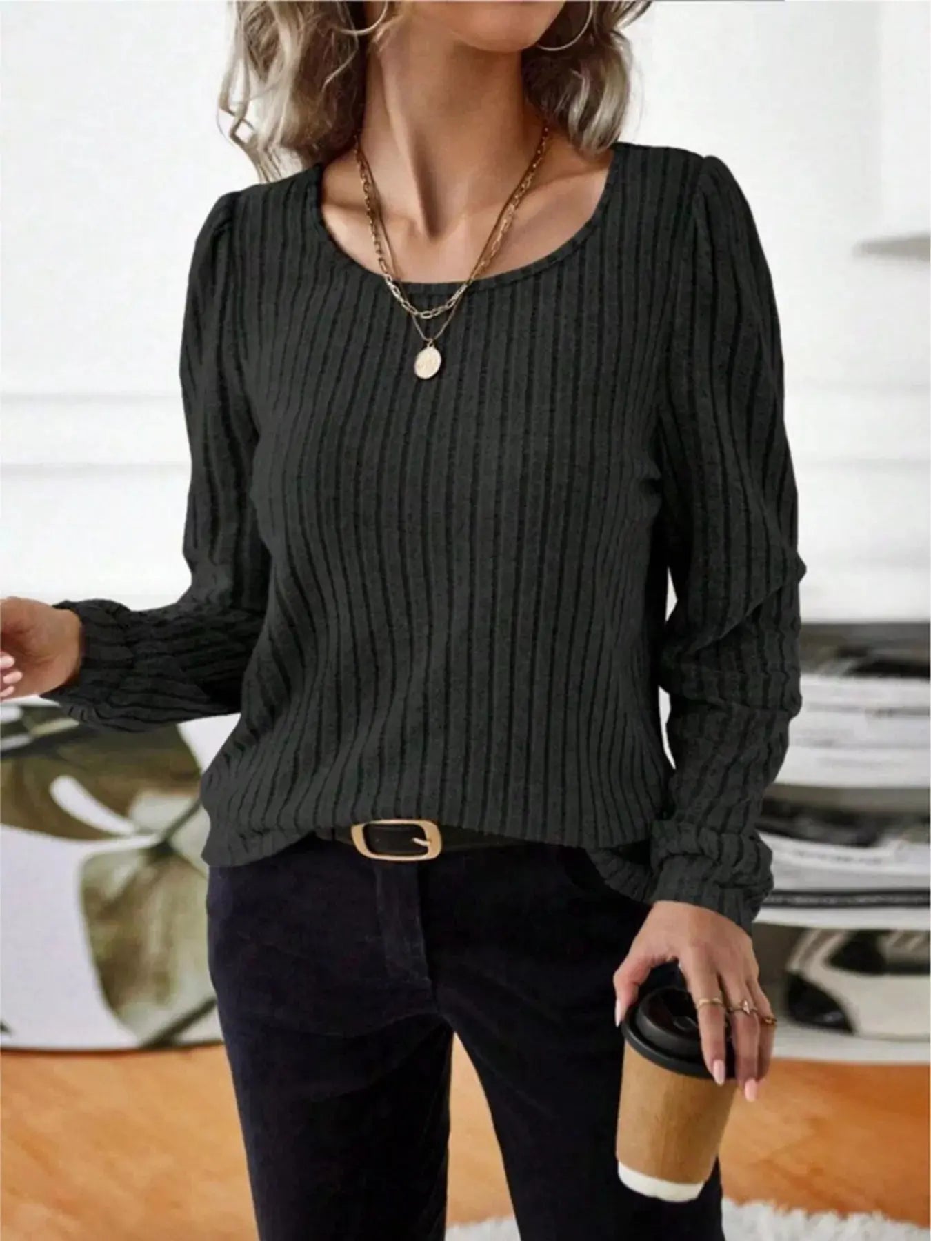 Ribbed Knit Long Sleeve T Shirt