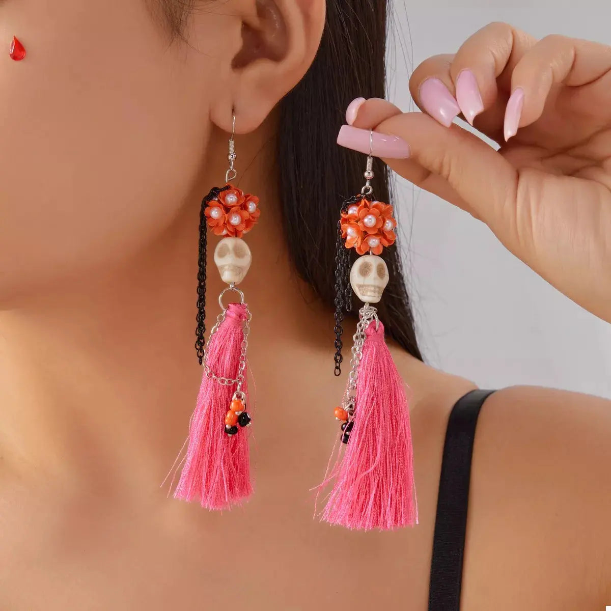Sugar Skull Tassel Halloween Drop Earrings