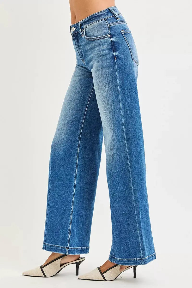 RISEN Jeans - Full Size Mid Rise Wide Leg Jeans with Flared Look