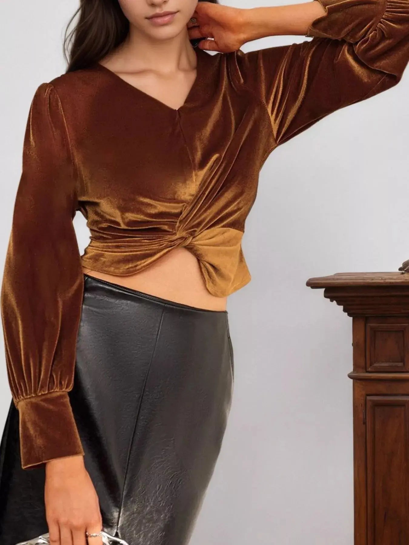 Twisted V Neck Long Sleeve Blouse