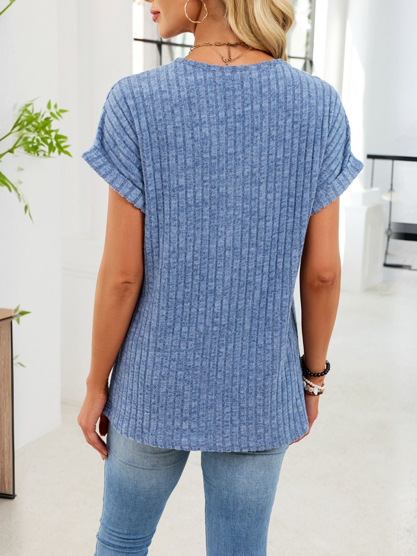 V Neck Ribbed Knit T Shirt