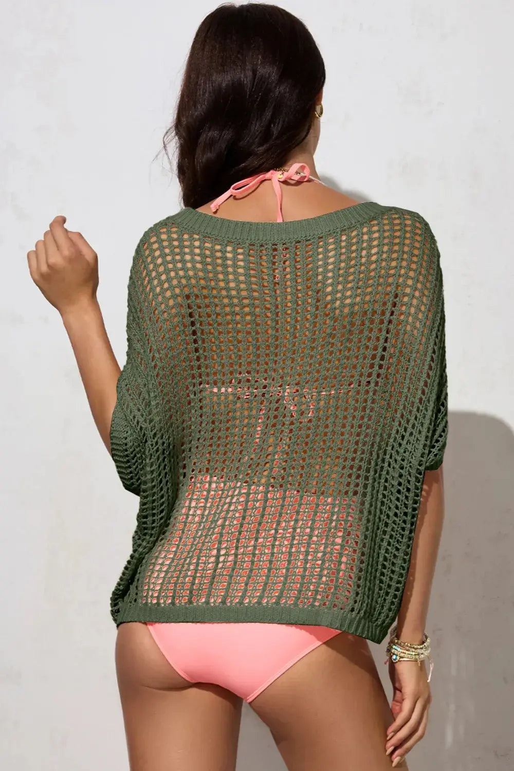 Openwork Round Neck Half Sleeve Knit Cover Up Top