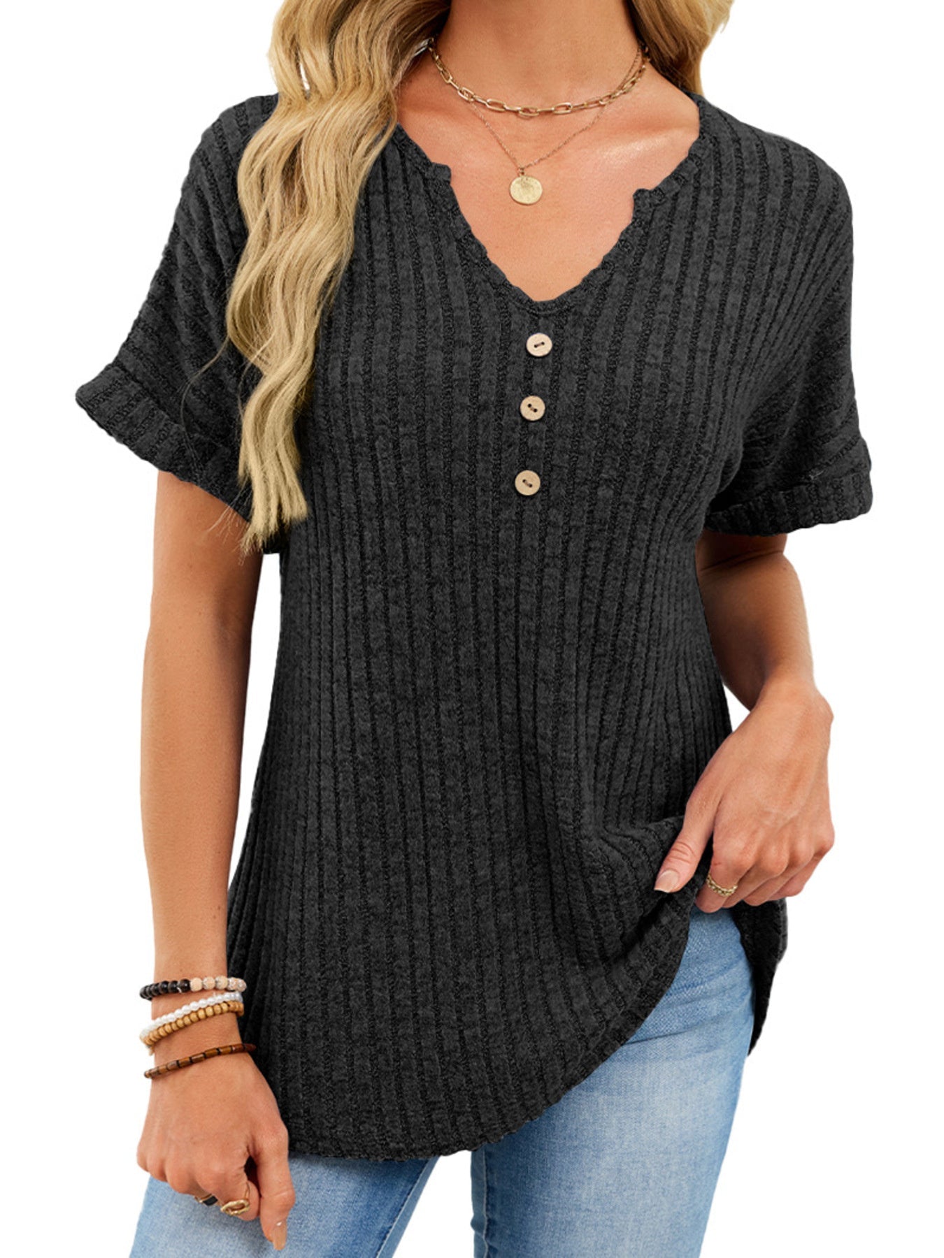 Women's Ribbed Knit Button V Neck Short Sleeve T Shirt