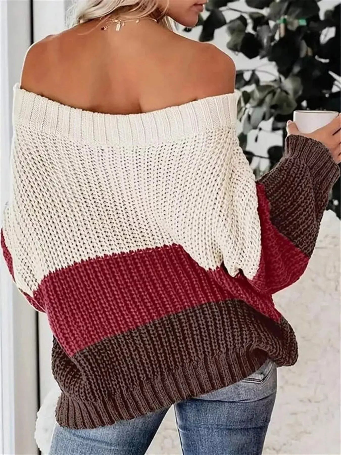 Color Block Off Shoulder Sweater