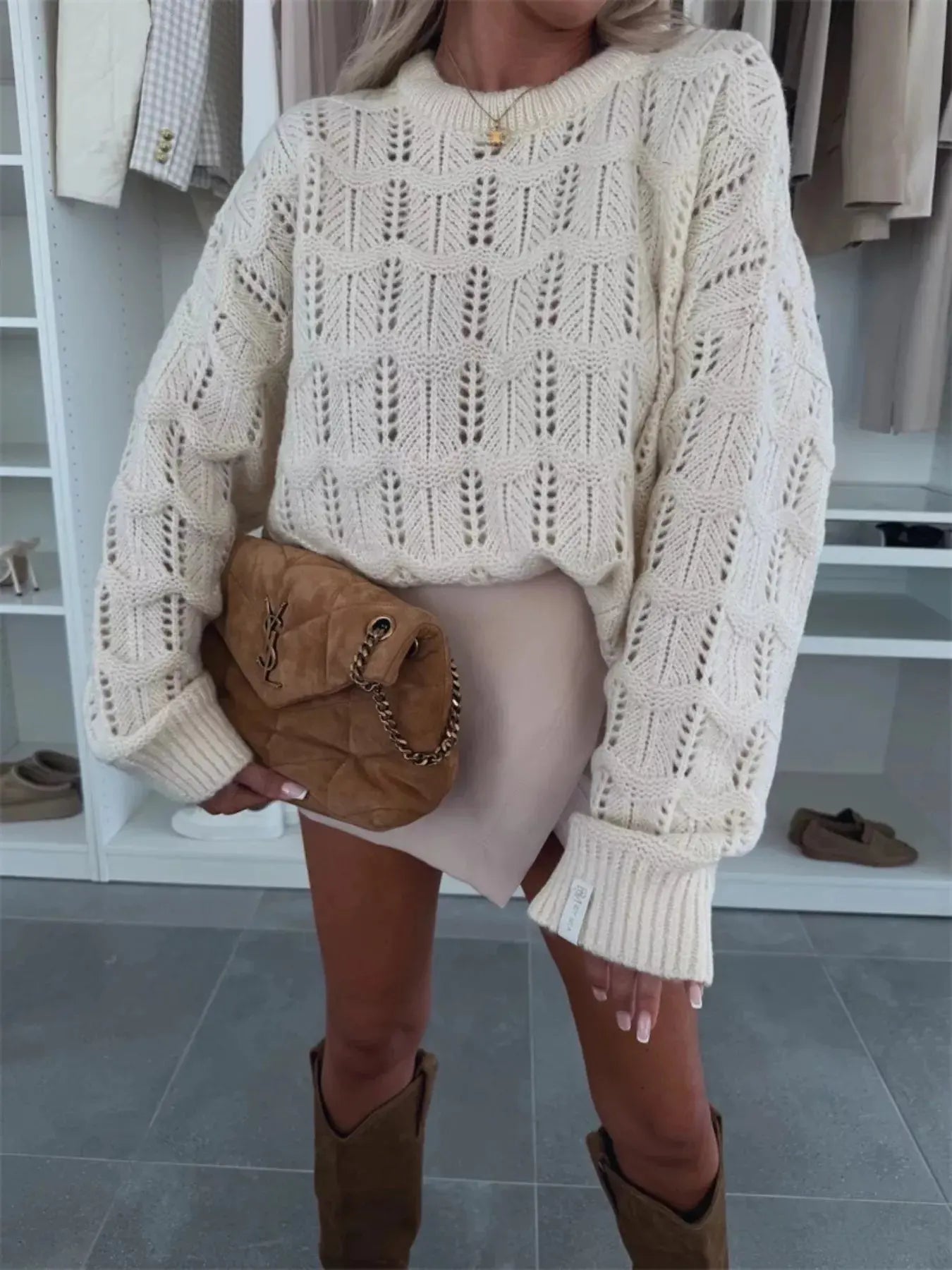 Round Neck Openwork Sweater