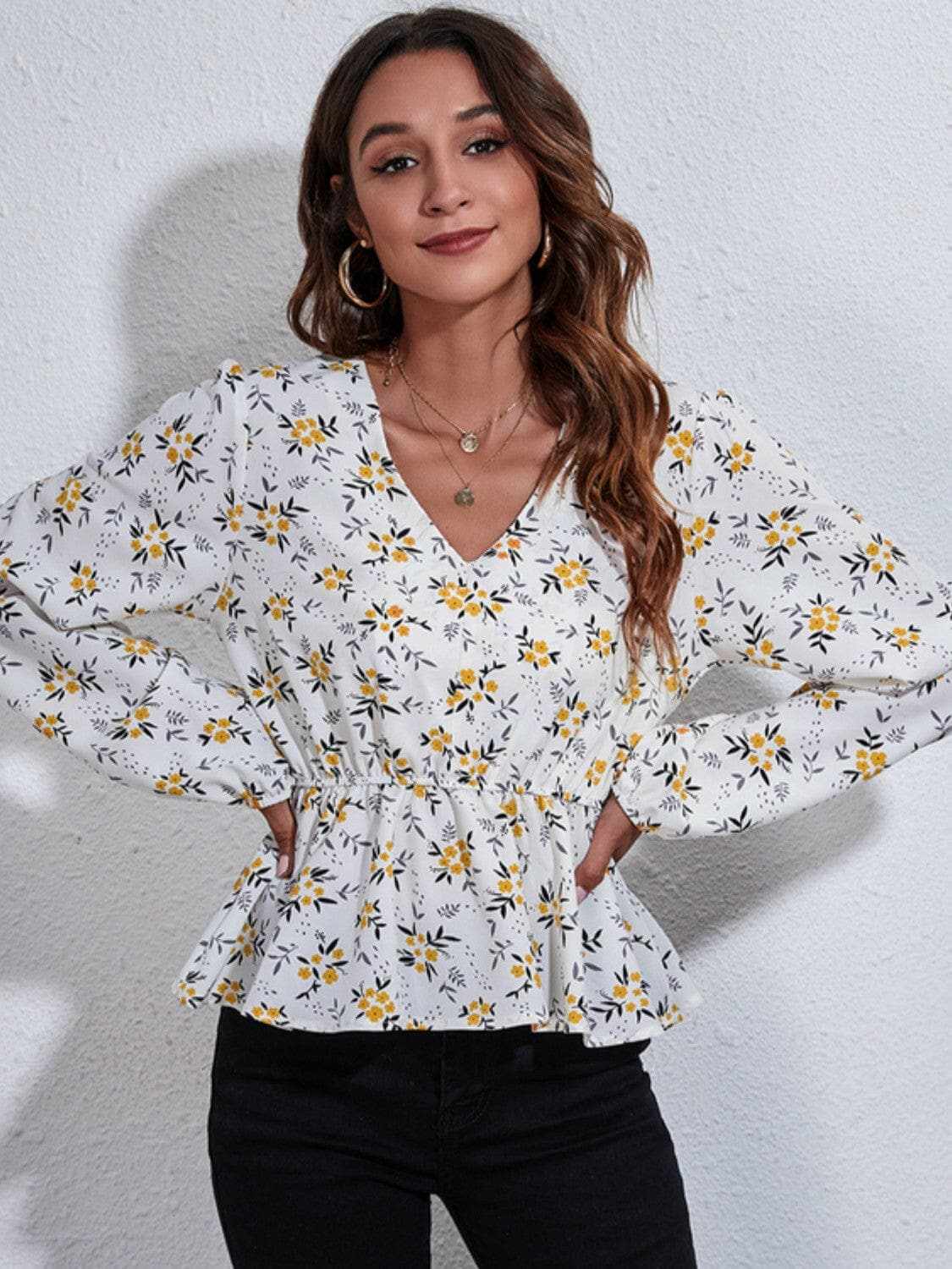 Accessories Trendsi Floral peplum blouse with v-neck