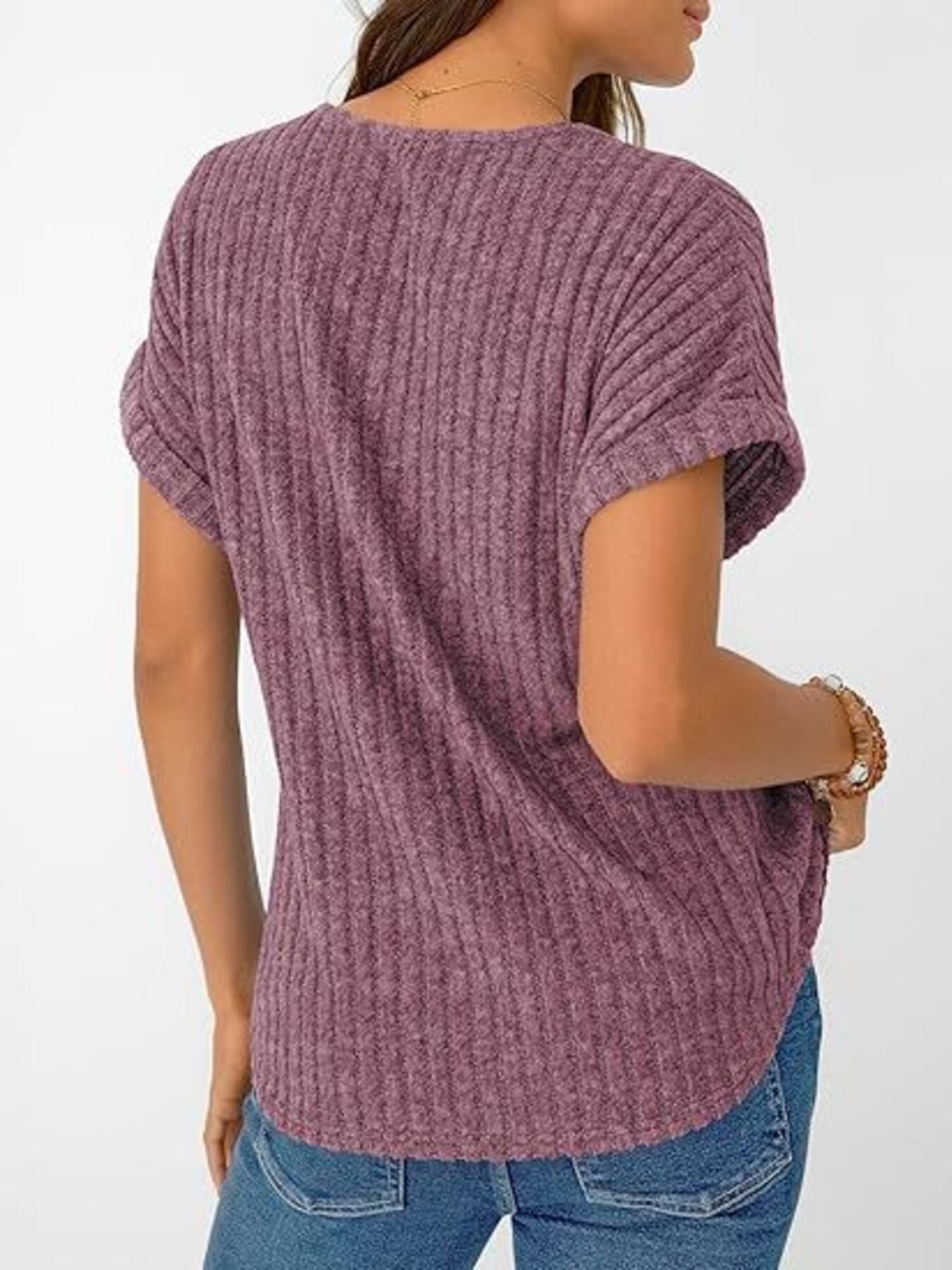 Ribbed Knit V Neck Relaxed Fit T Shirt