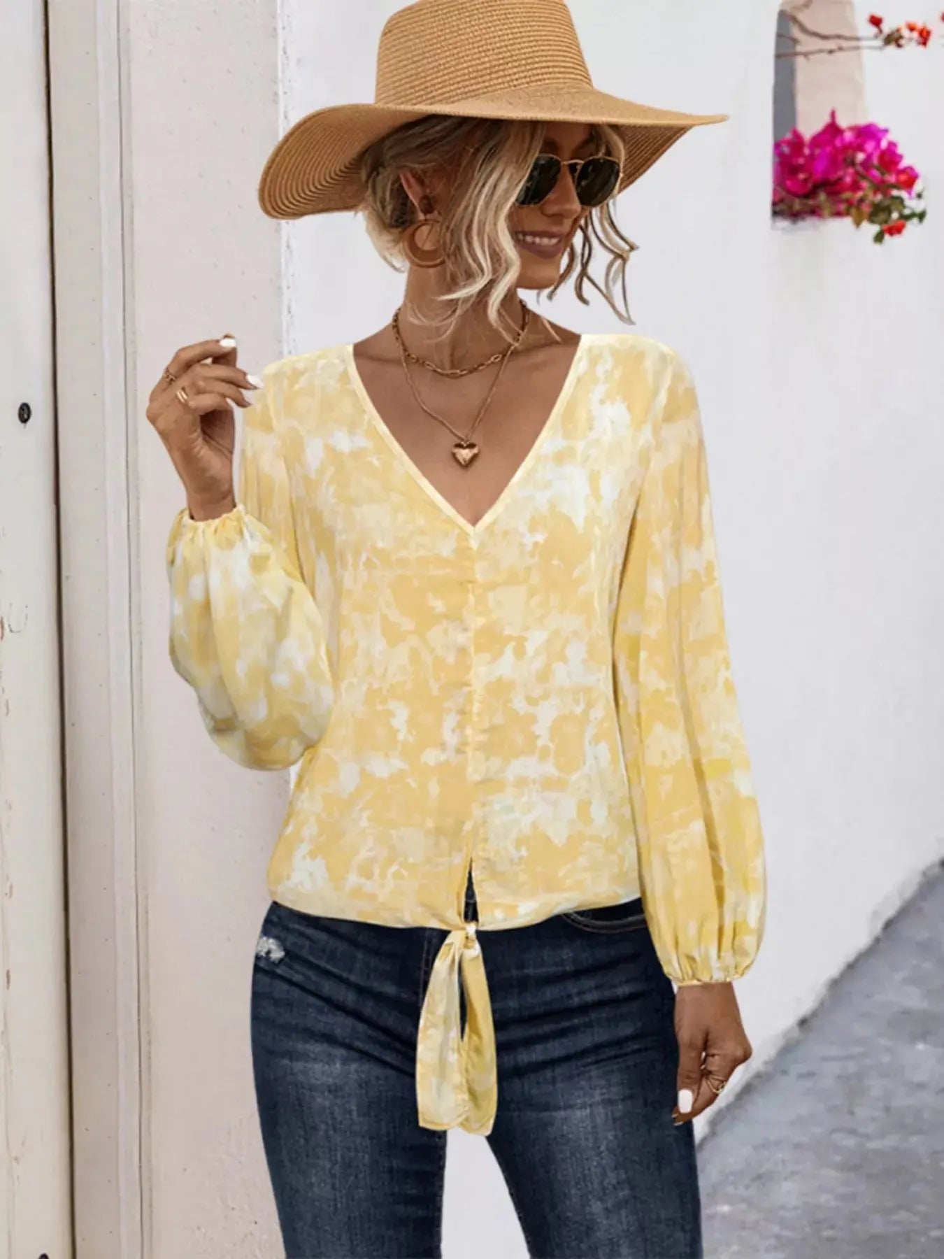 V-Neck Long Sleeve Tie Front Blouse