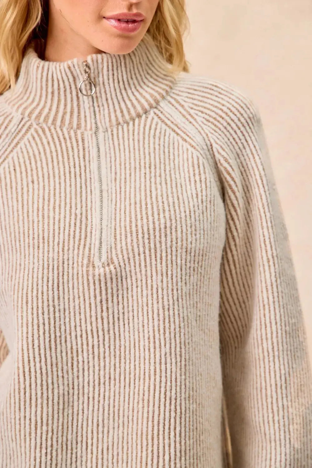 BiBi Two Tone Ribbed Textured Knit Sweater with Zip Up Collar