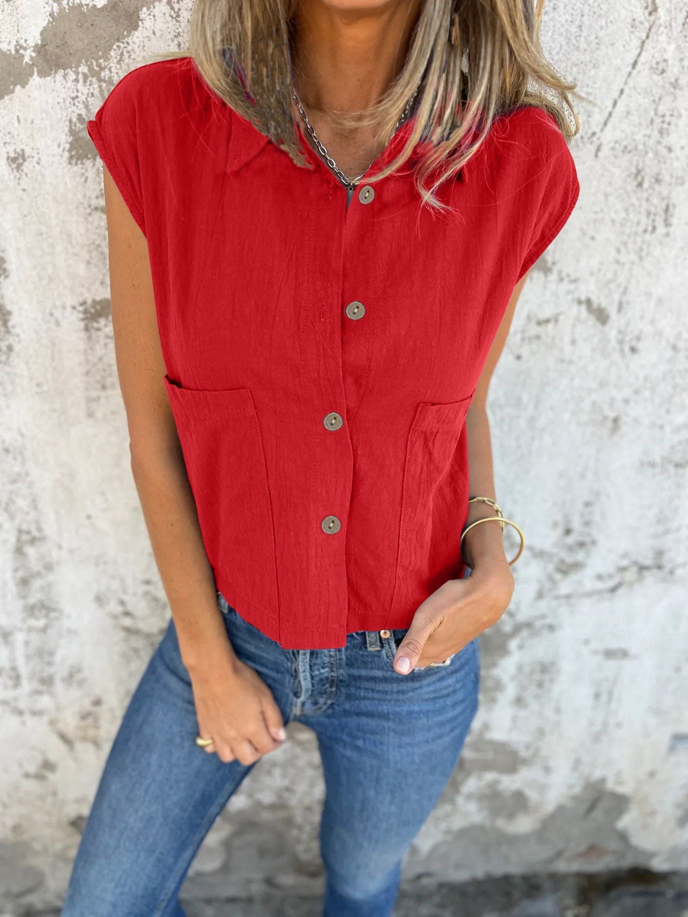 Women's Button Down Cap Sleeve Blouse