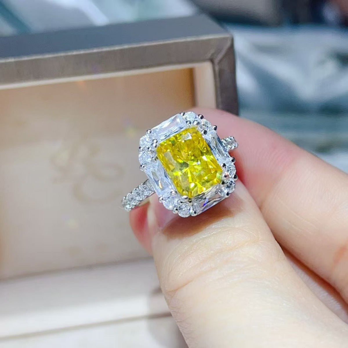Yellow Halo 3 Carat Moissanite Ring in 925 Sterling Silver
