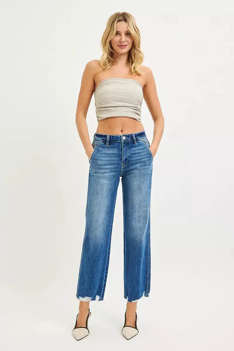 RISEN Jeans - High Rise Ankle Straight Distressed Hem Detail Jeans