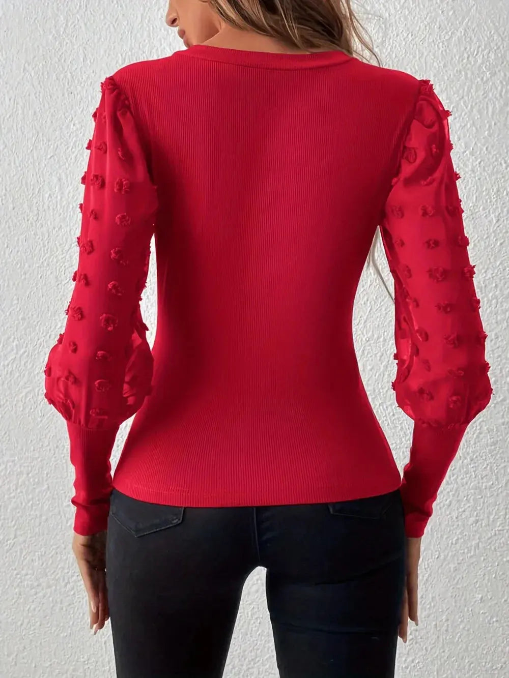 Swiss Dot V Neck Long Sleeve Top