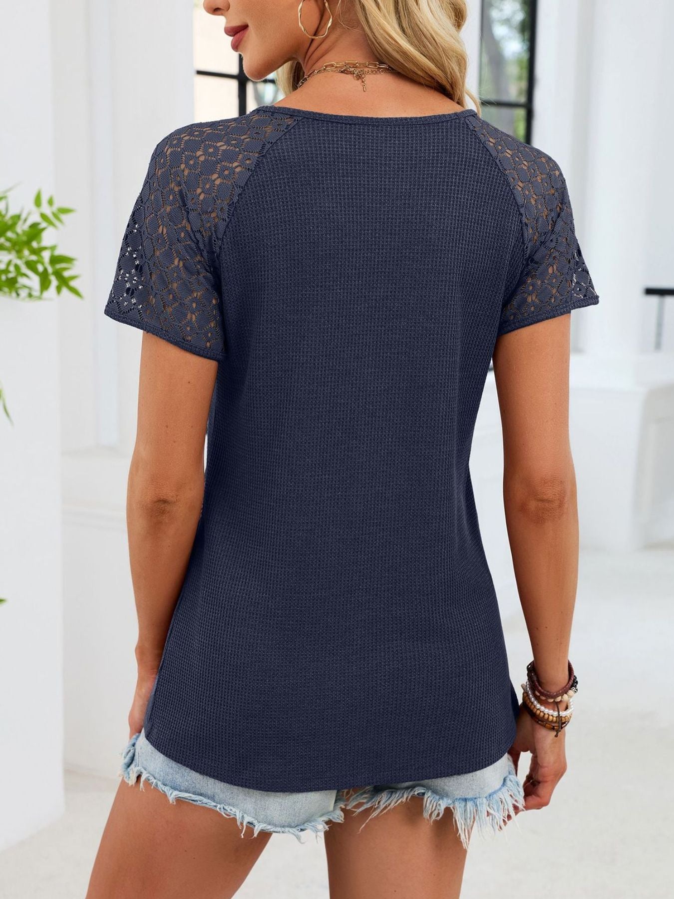 Lace Sleeve V Neck Waffle Knit T Shirt