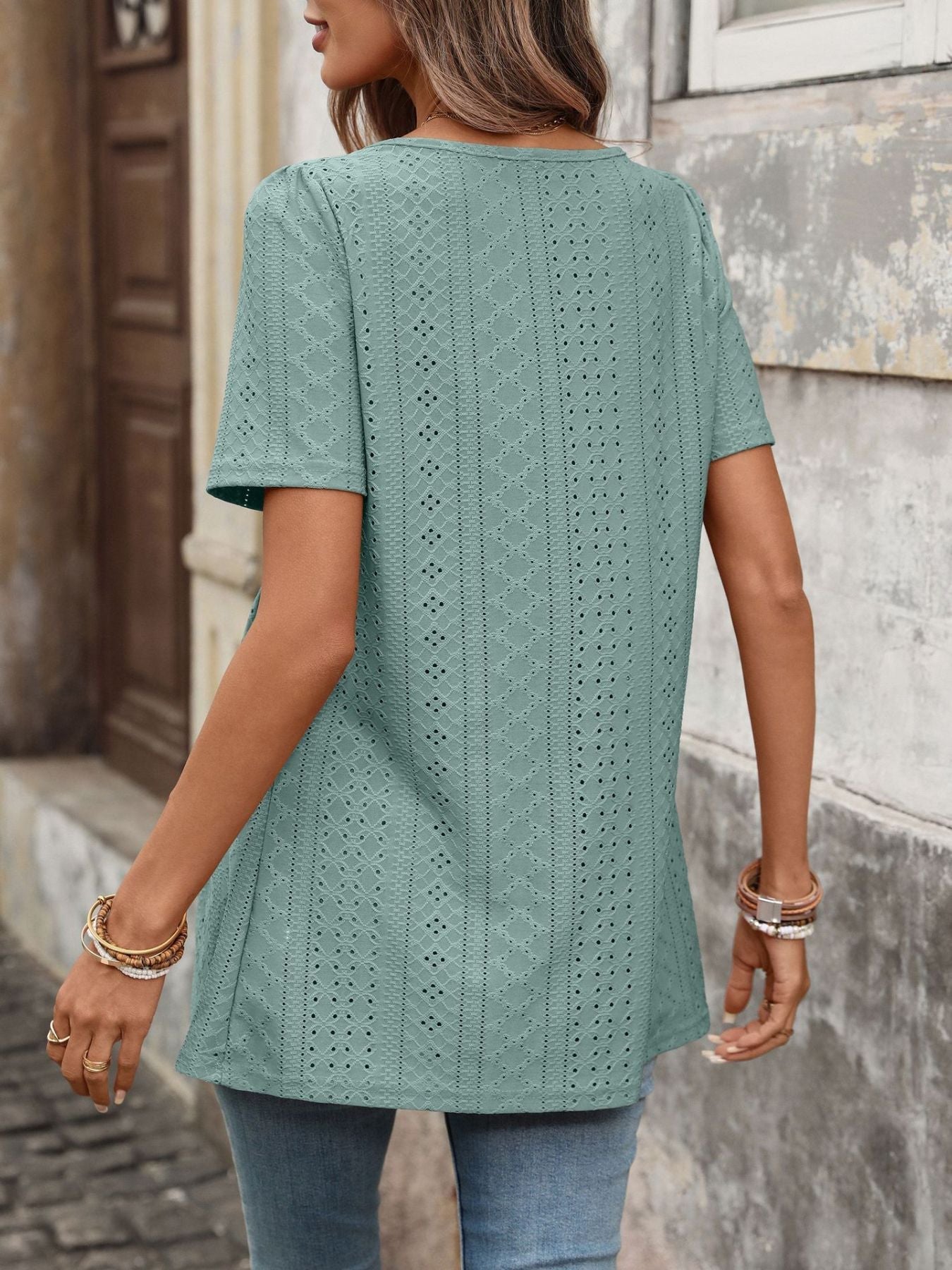 Women's Eyelet Square Neck Babydoll Short Sleeve Top