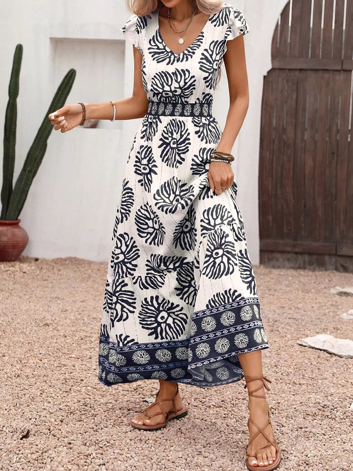 Printed V Neck Cap Sleeve Maxi Dress