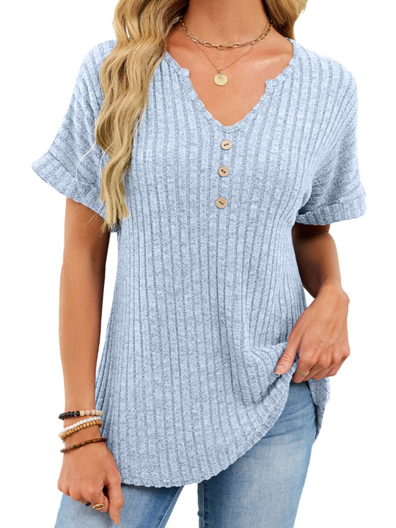 Women's Ribbed Knit Button V Neck Short Sleeve T Shirt