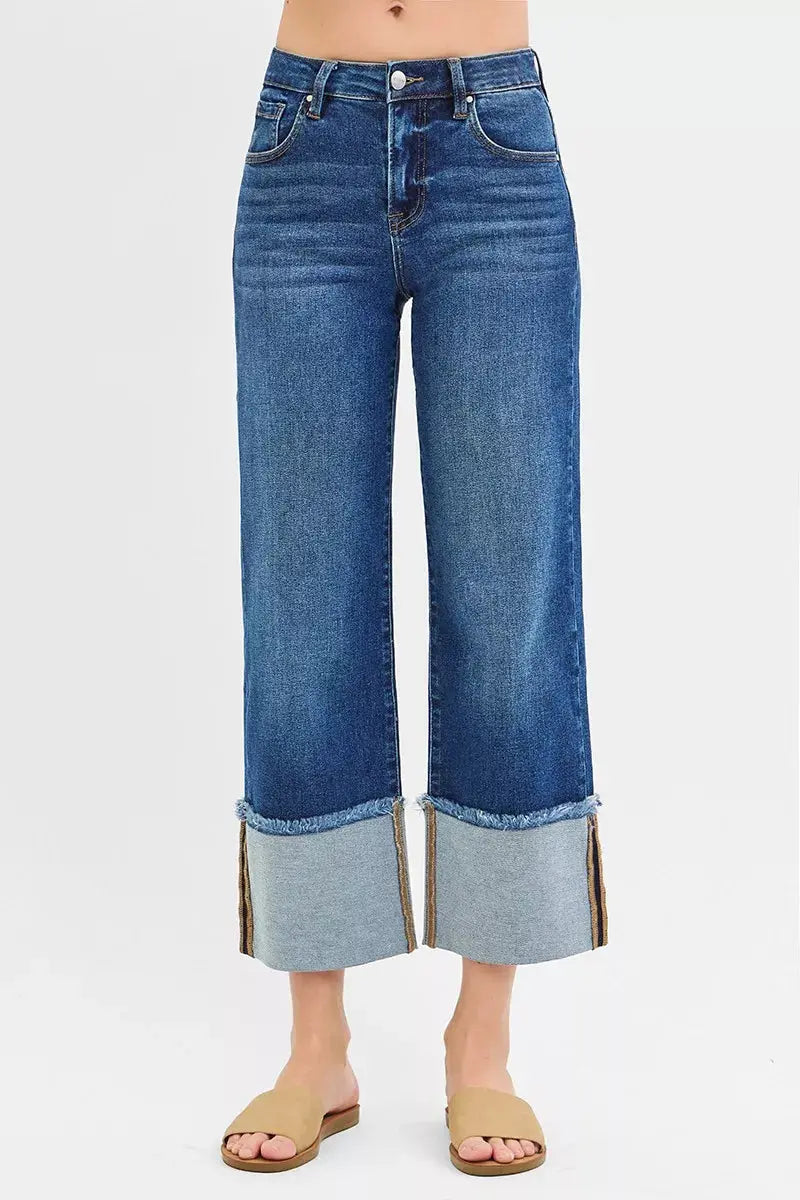RISEN Jeans - Full Size Mid Rise Crop Wide Wide Cuffed Jeans