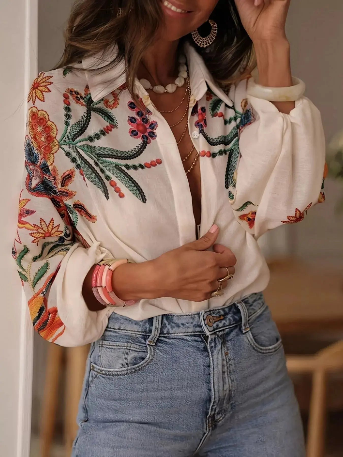 Embroidered Floral Button Up Long Sleeve Shirt