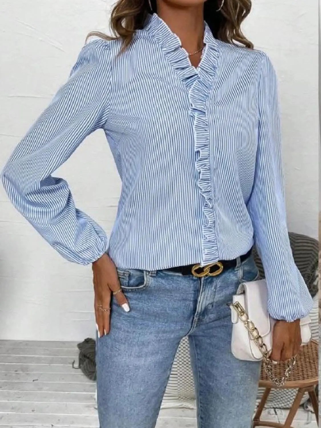 T-Shirts Trendsi Shirts - Frilly striped v-neck blouse - Premium Quality
