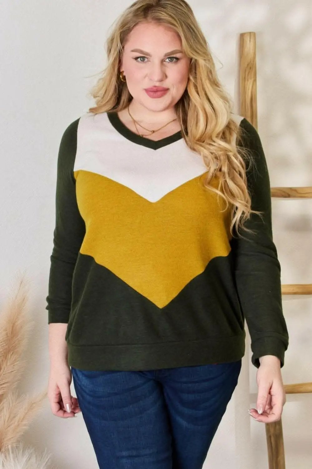 Plus Size Colorblock Blouse Olive | Trendsi Versatile