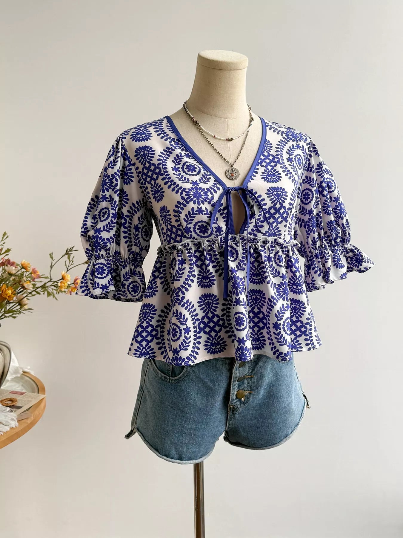 Navy Floral Tie Front Blouse