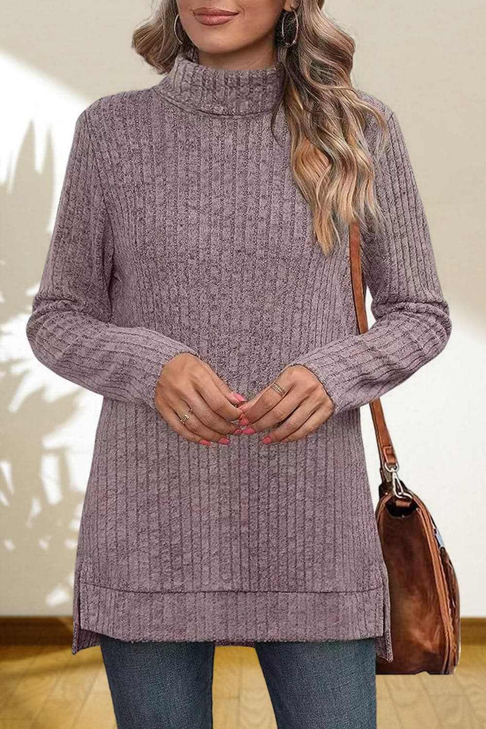 Cerise Turtleneck Sweater by Trendsi – Quality High-Low Hem Style