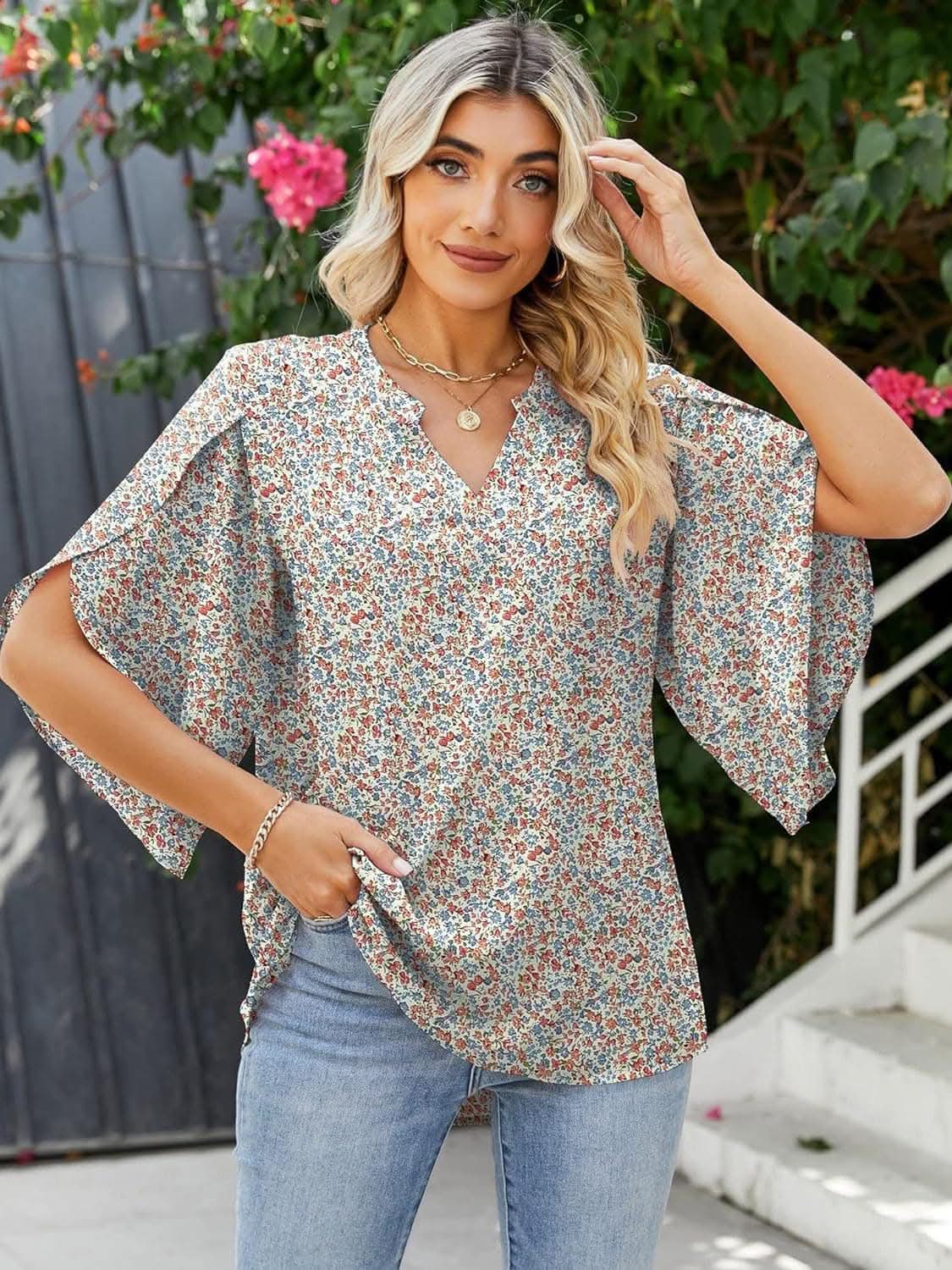 T-Shirts Trendsi Shirts - Chic Notched Sleeve Blouse - Premium Quality