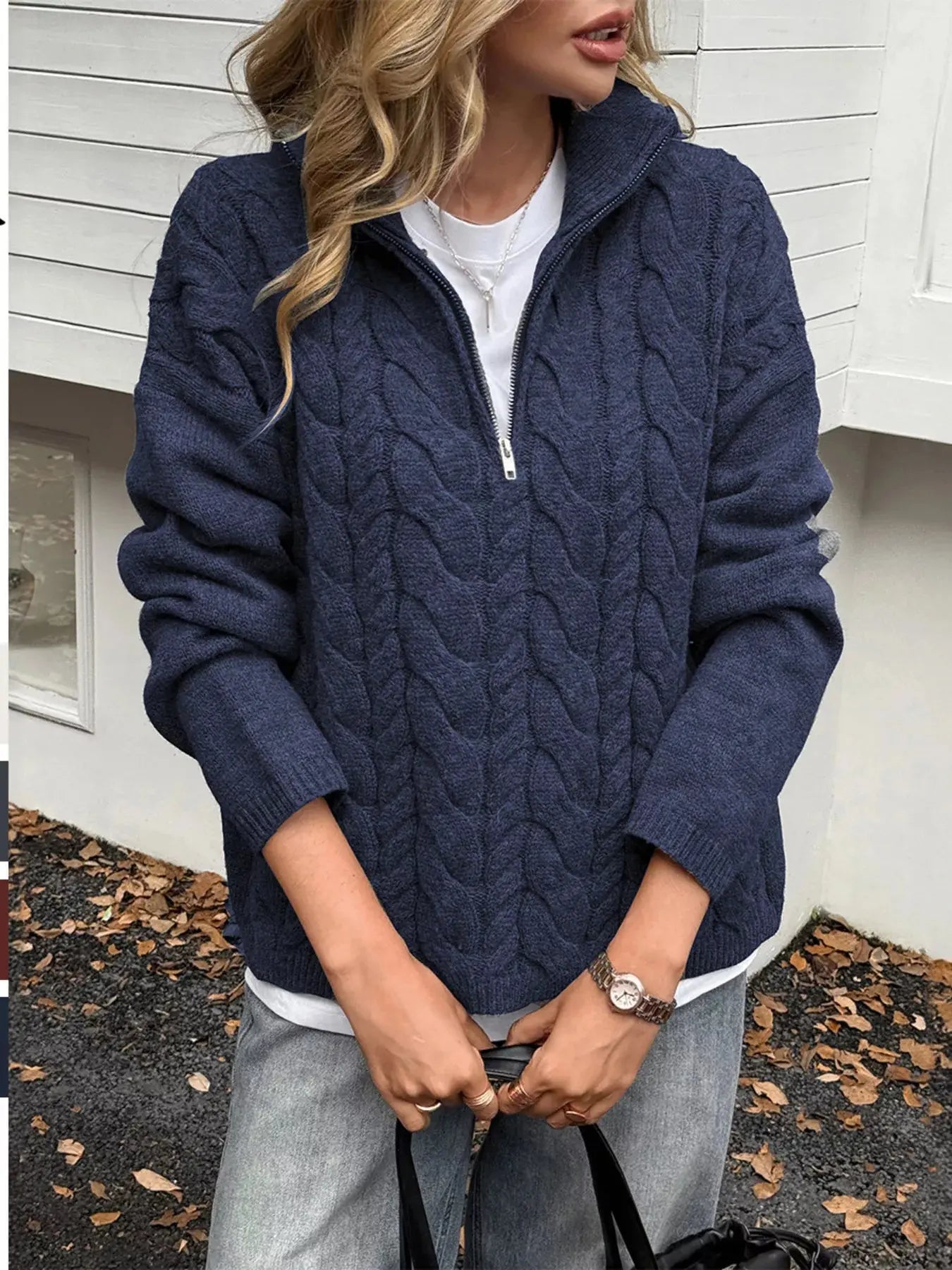 Zip Collar Cable Knit Sweater