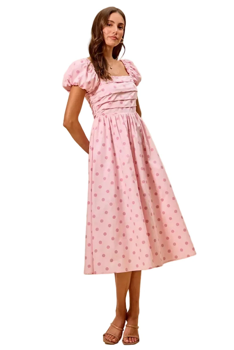 Polka Cotton Print Short Sleeves Pink Midi Dress