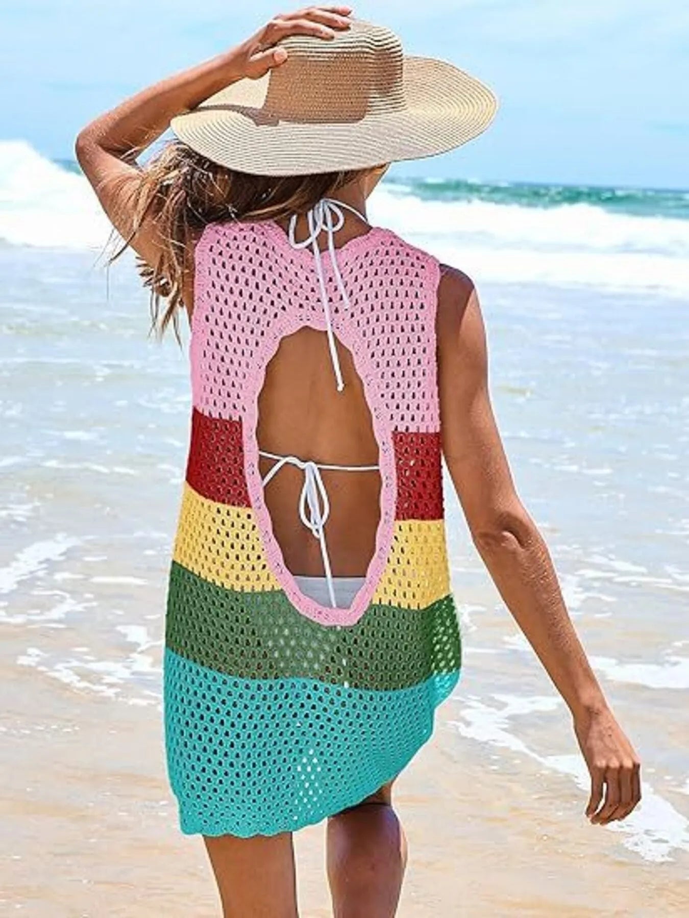 Color Block Openwork Cutout Back Sleeveless Cover Up