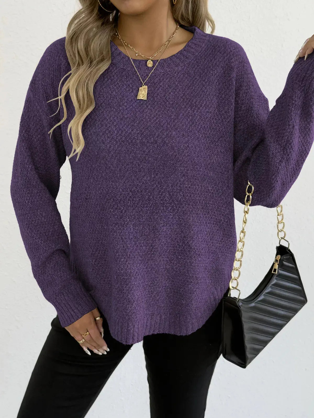 Round Neck Textured Knit Relaxed Fit Sweater