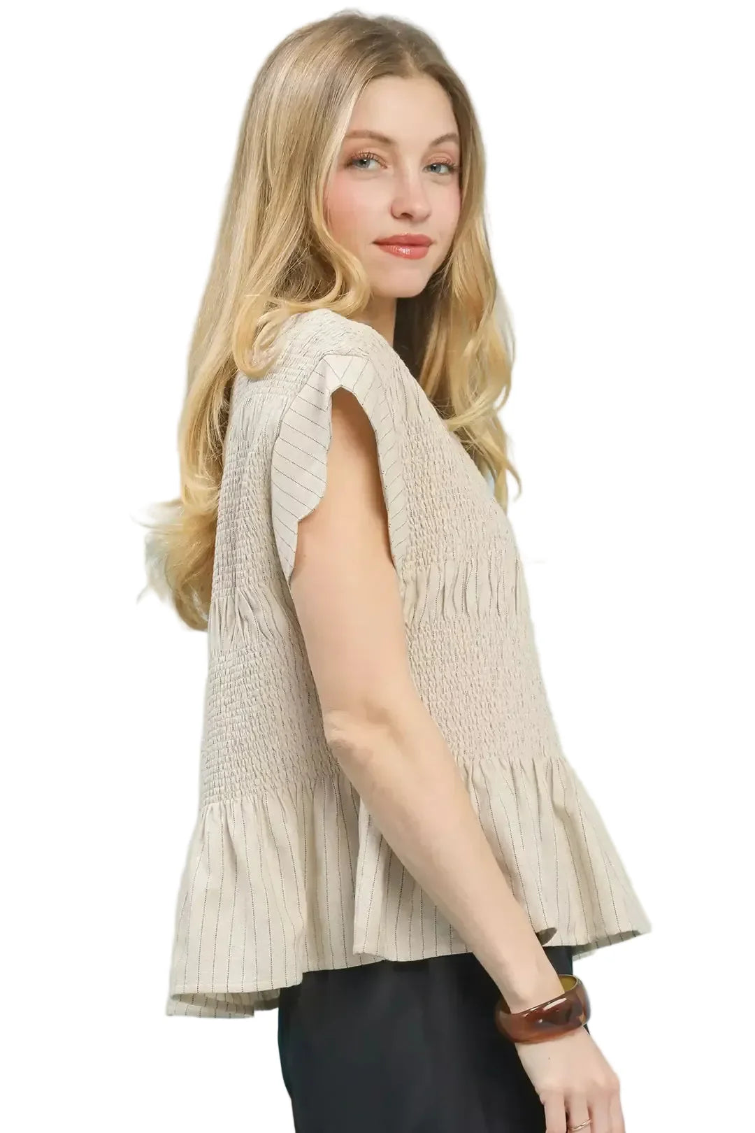 Beige Pinstripe Smocked Peplum Top