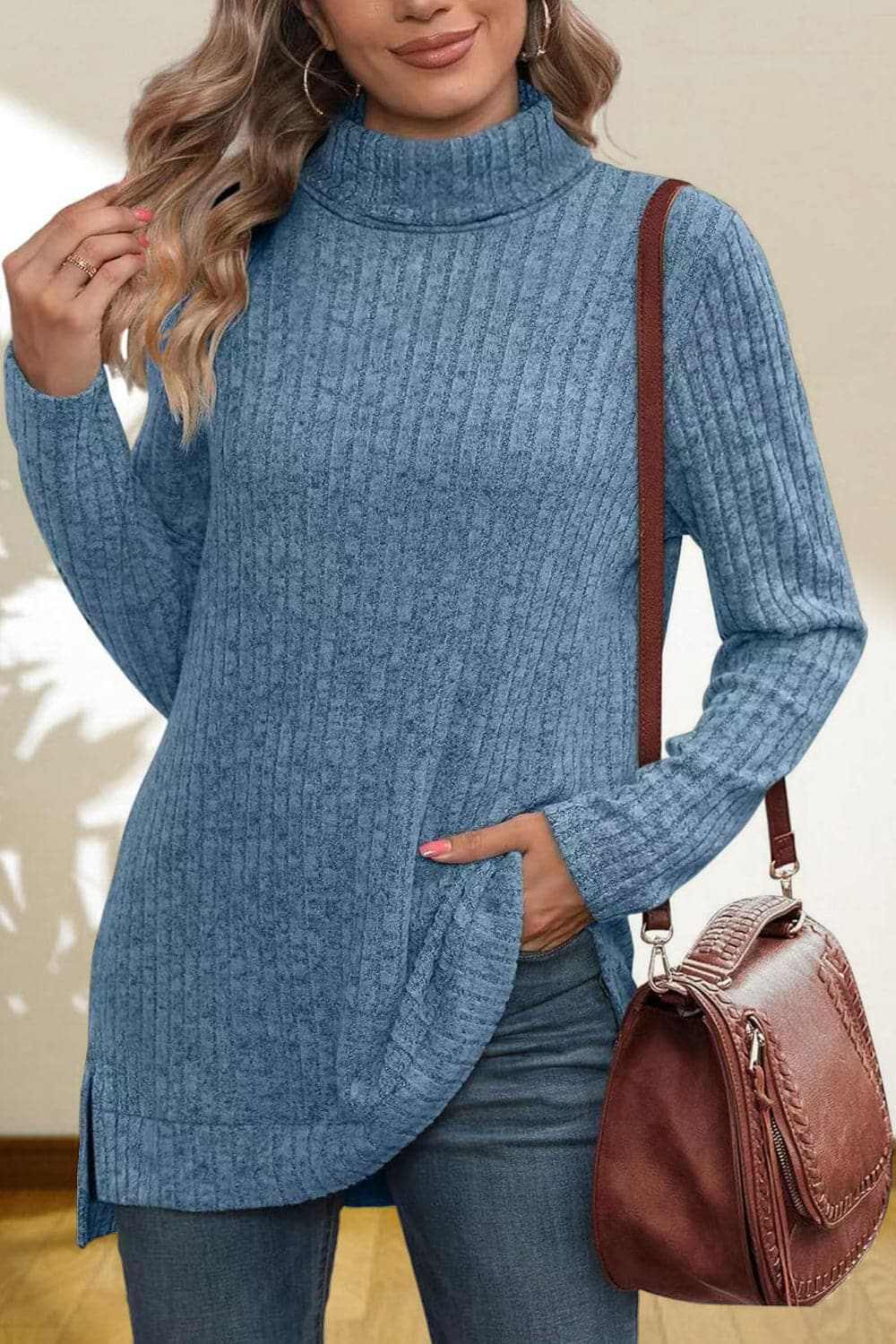 Cerise Turtleneck Sweater by Trendsi – Quality High-Low Hem Style