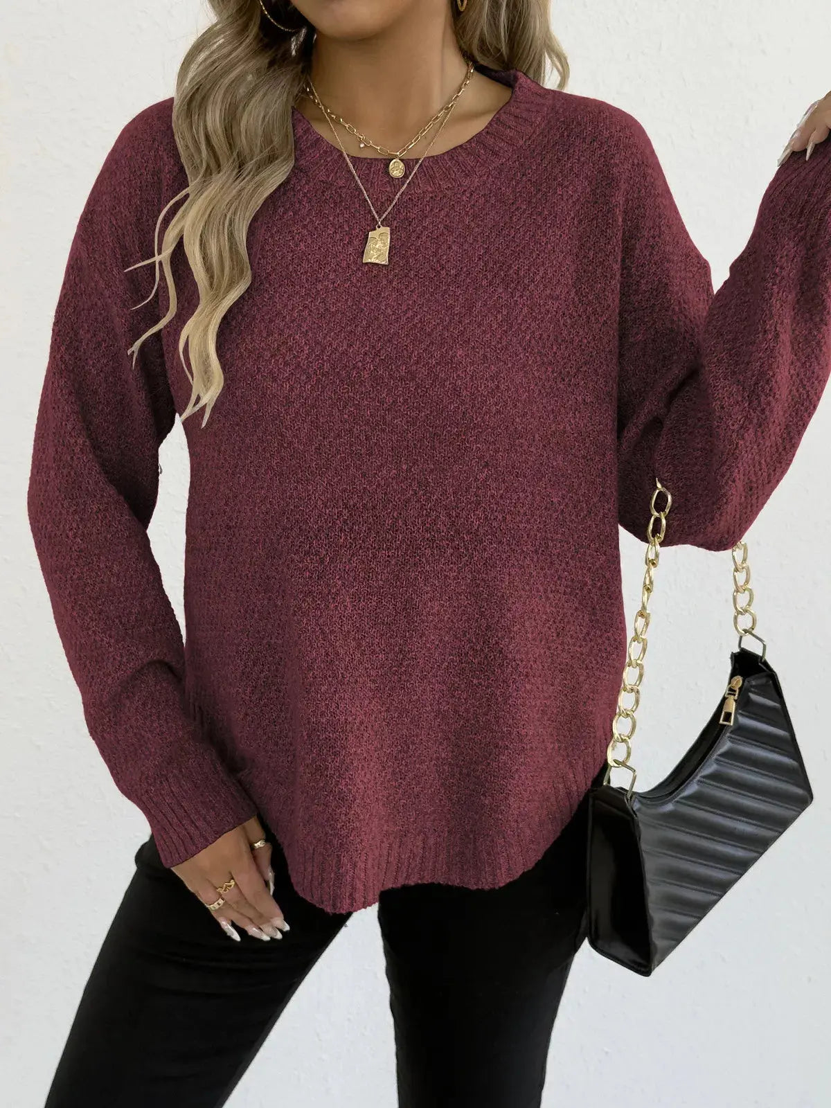 Round Neck Textured Knit Relaxed Fit Sweater