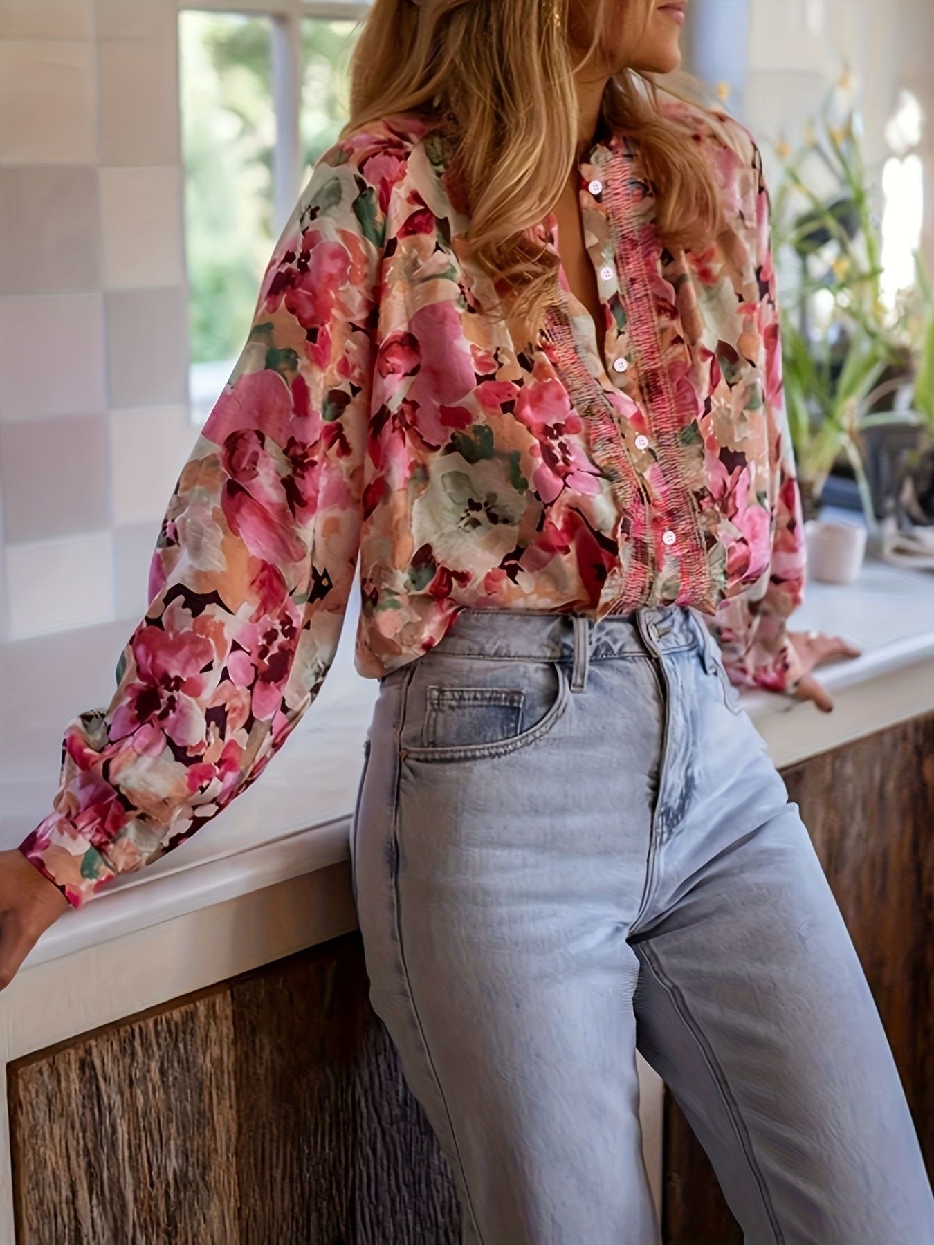 Women's Floral Print Frill Trim Shirt