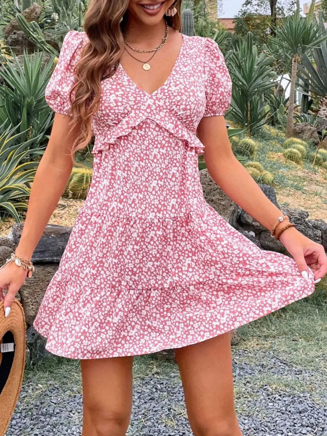 Floral Puff Sleeve Mini Wrap Dress – Pink Ditsy Ruffle Hem