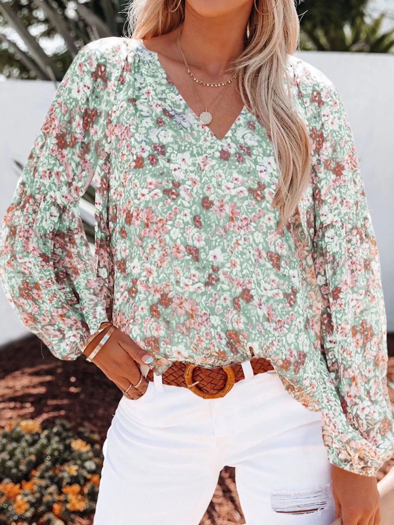 Full Size Floral Print V Neck Long Sleeve Blouse